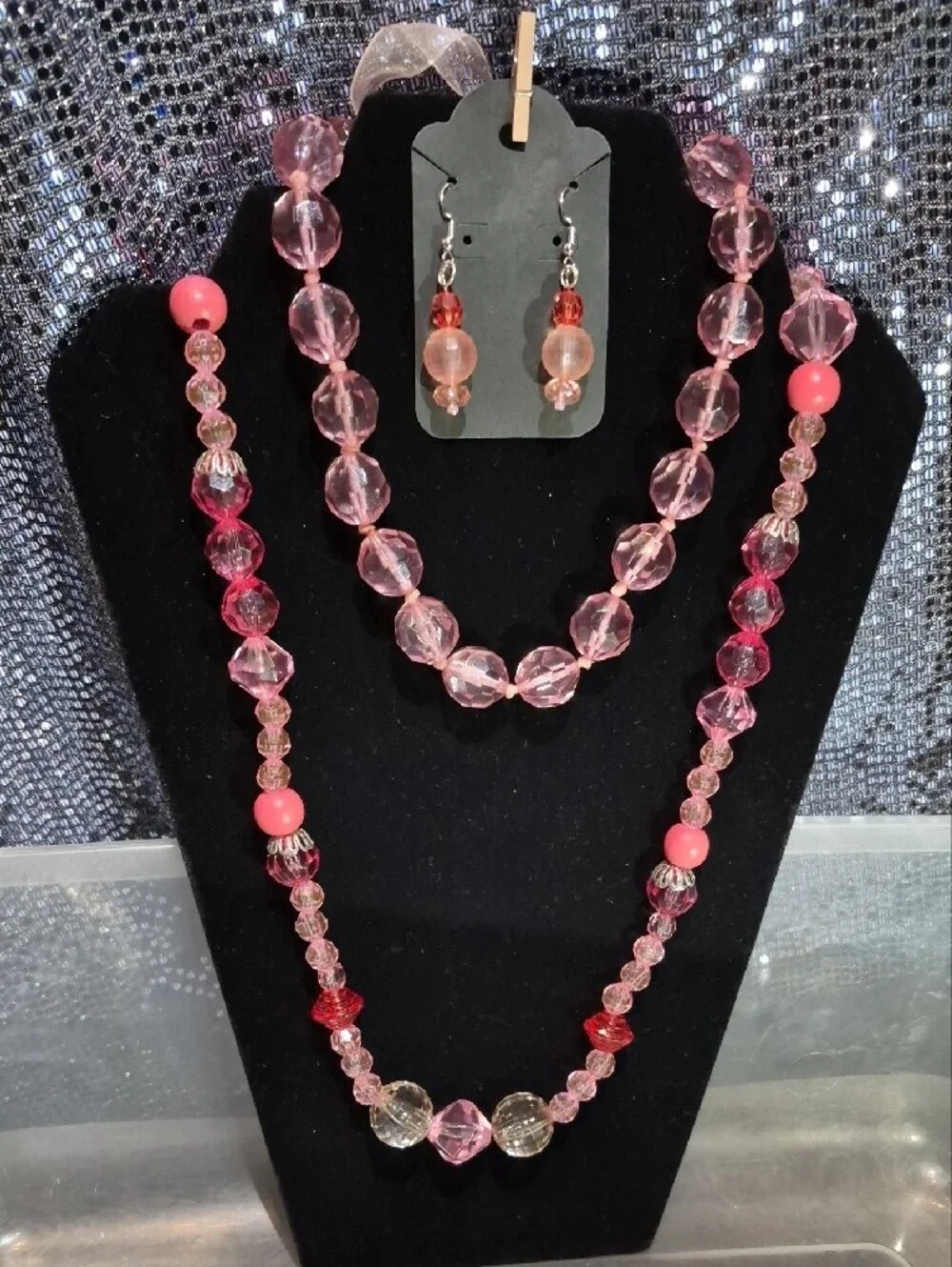 Pink Faceted Acrylic Bead Necklace and Earring Set